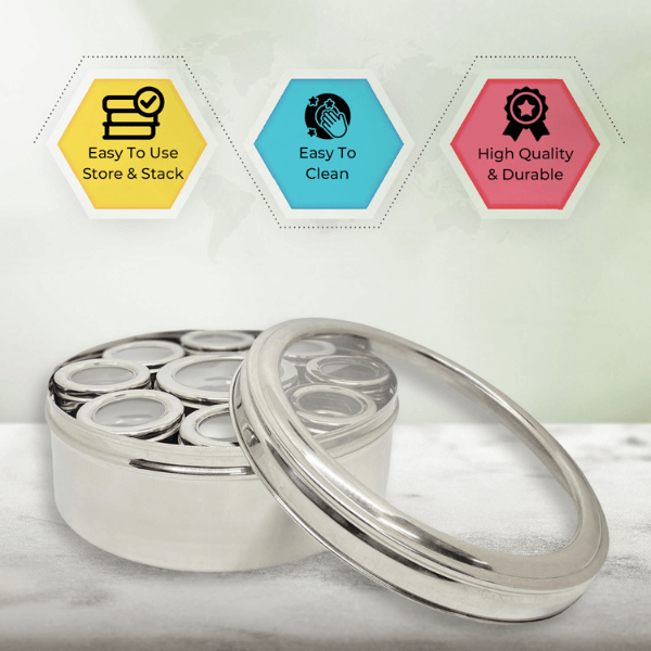 STAINLESS STEEL SPICE CONTAINER MADE FROM 100% STEEL MASALA DABBA - 9 DABBI
