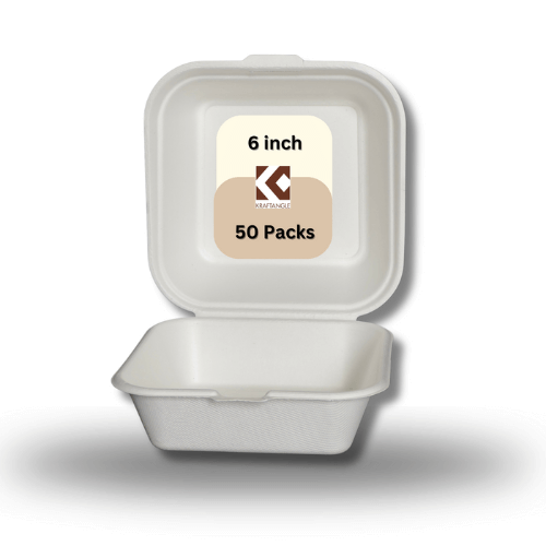 BAGASSE COMPOSTABLE DISPOSABLE PLATES MADE FROM 100% SUGAR FIBER - 6X6" CLAMSHELL - PACK OF 50 - BURGER BOWL