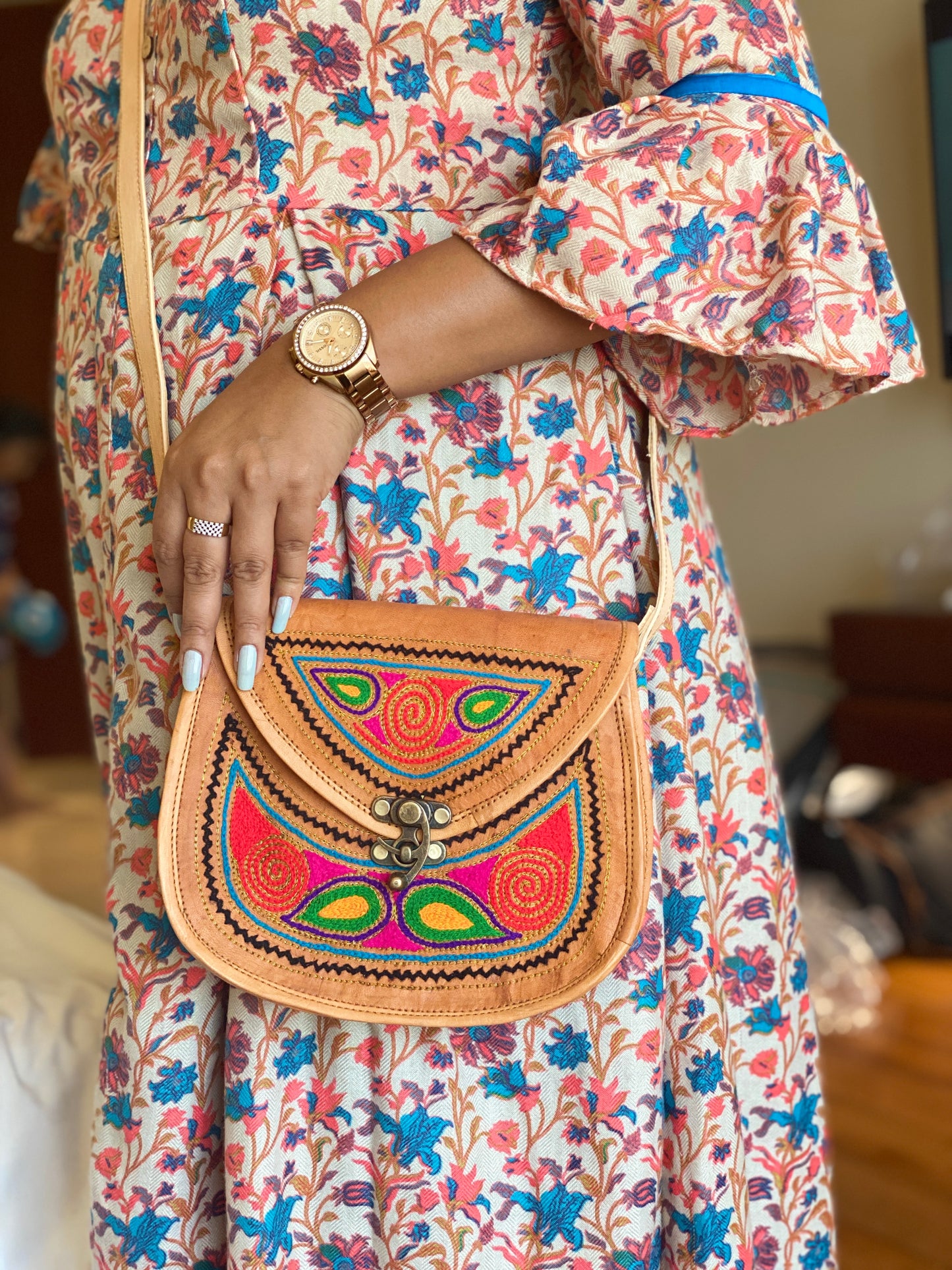 Nature's Own Genuine Leather Cross Body Bags with Hand Embroidery Work & Metal Buckle - Design No. NL106