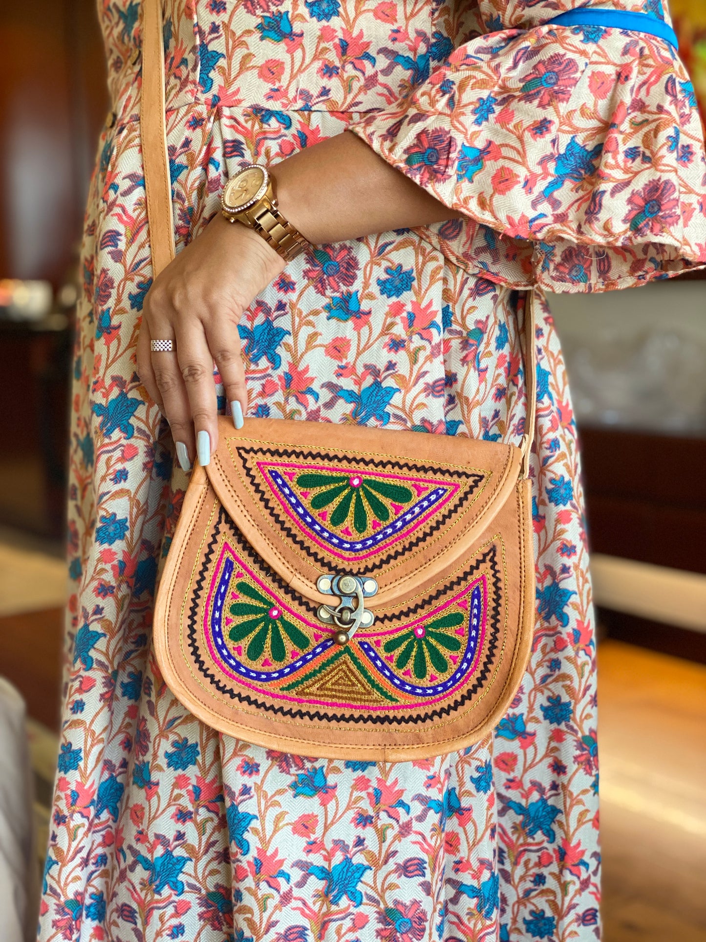 Nature's Own Genuine Leather Cross Body Bags with Hand Embroidery Work & Metal Buckle - Design No. NL109