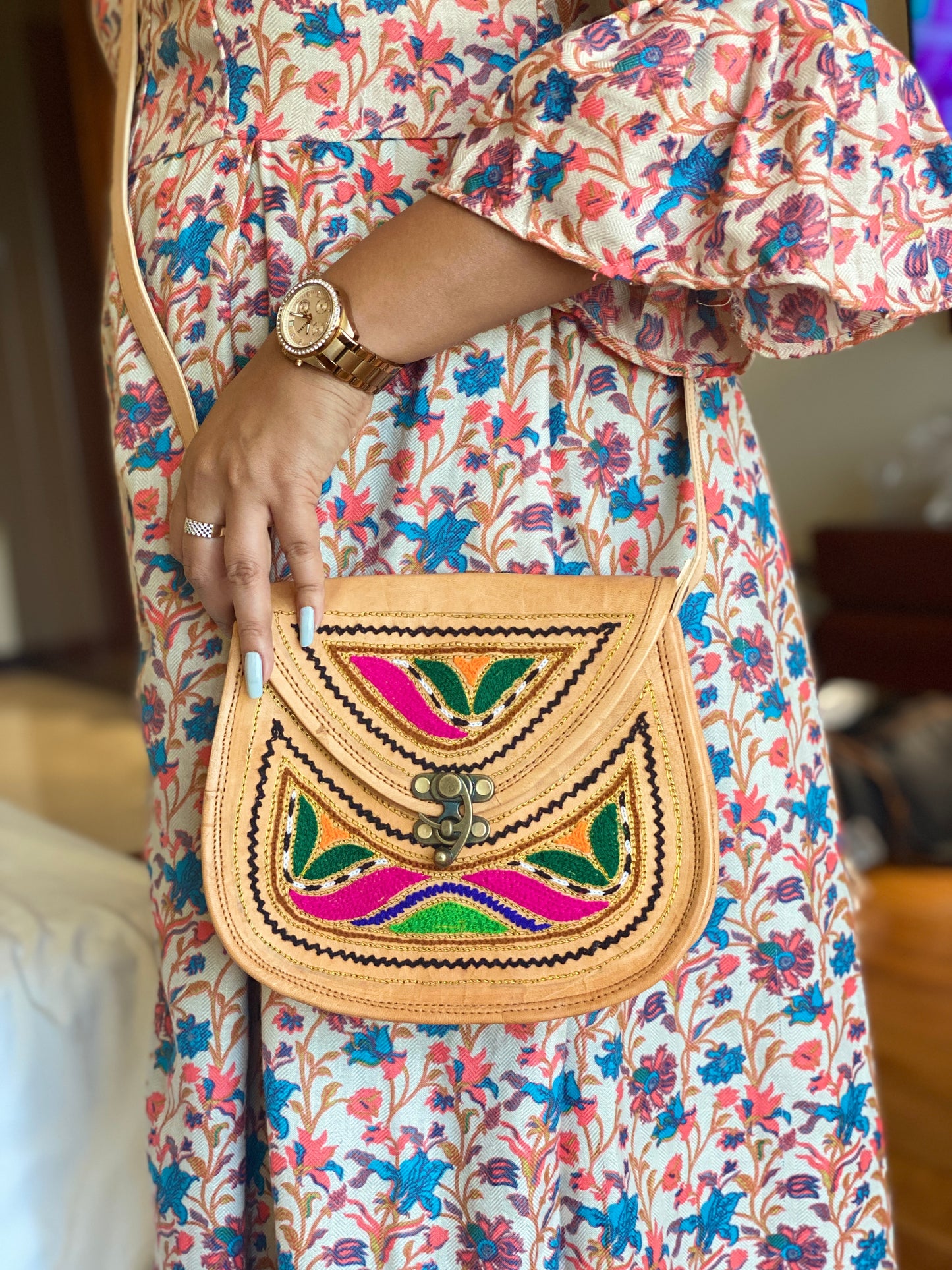 Nature's Own Genuine Leather Cross Body Bags with Hand Embroidery Work & Metal Buckle - Design No. NL110