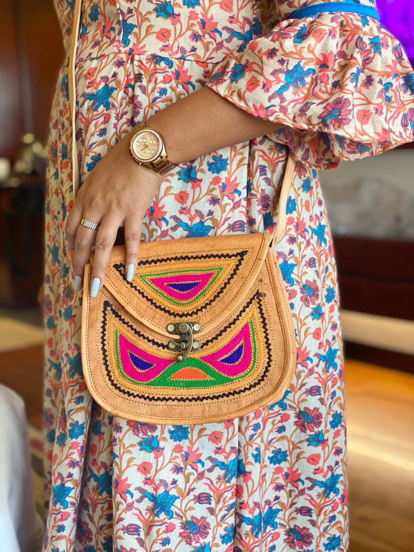 Nature's Own Genuine Leather Cross Body Bags with Hand Embroidery Work & Metal Buckle - Design No. NL111