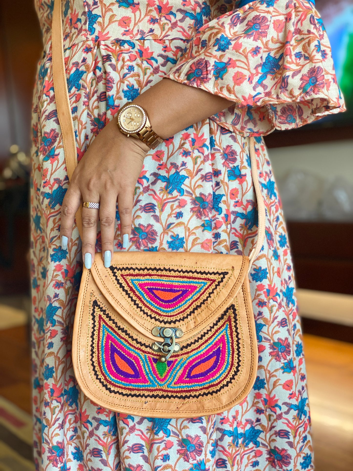 Nature's Own Genuine Leather Cross Body Bags with Hand Embroidery Work & Metal Buckle - Design No. NL112