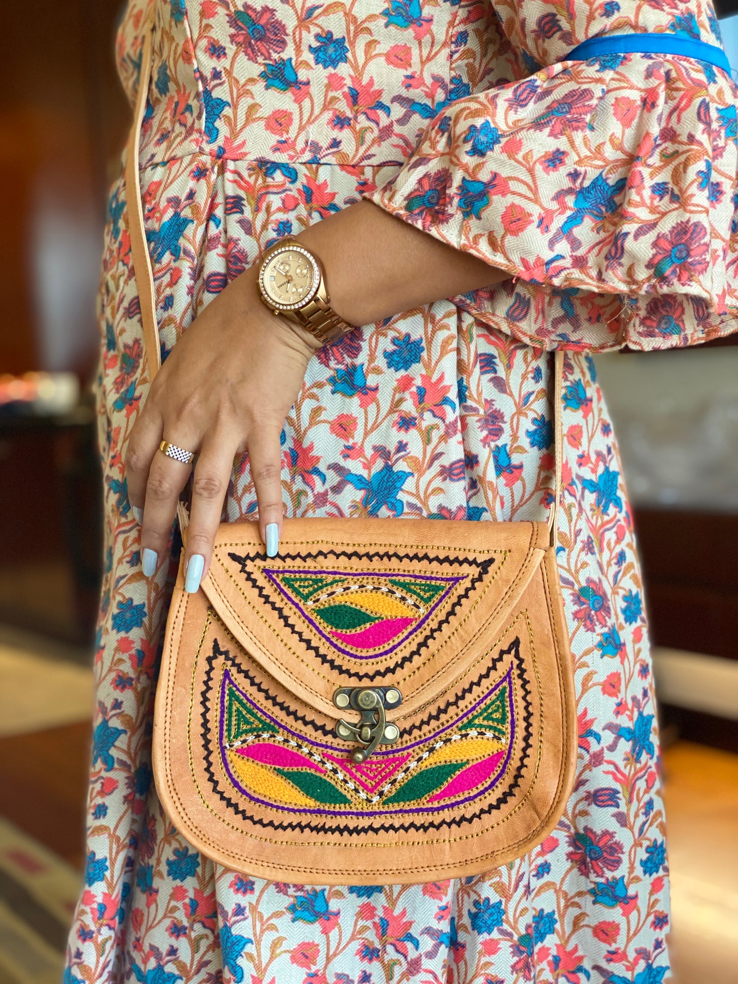 Nature's Own Genuine Leather Cross Body Bags with Hand Embroidery Work & Metal Buckle - Design No. NL113