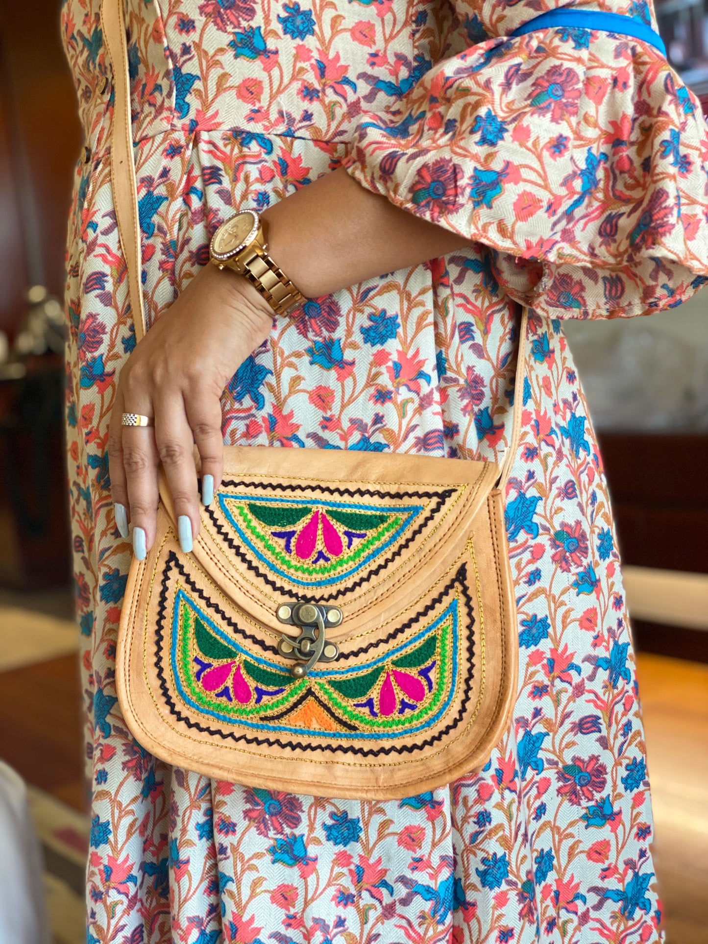 Nature's Own Genuine Leather Cross Body Bags with Hand Embroidery Work & Metal Buckle - Design No. NL114