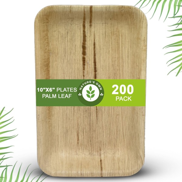 PALM LEAF DISPOSABLE PLATES MADE FROM ARECA LEAF 100% BIO DEGRADABLE TOUGH MATERIAL - RECTANGLE 10X6" - PACK OF 25, 50,100,200