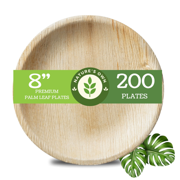 PALM LEAF DISPOSABLE PLATES MADE FROM ARECA LEAF 100% BIO DEGRADABLE TOUGH MATERIAL - ROUND 8" - PACK OF 25, 50,100,200