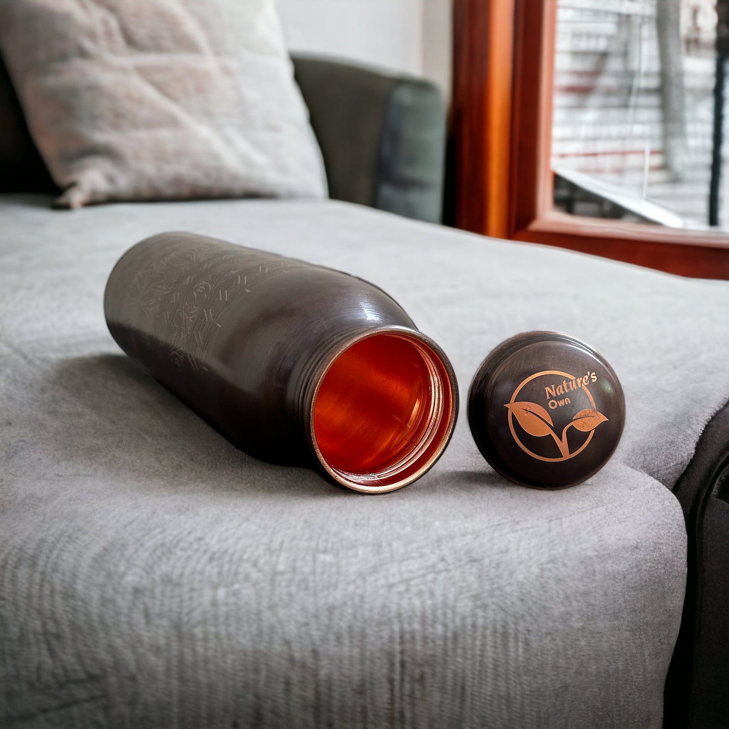 Nature’s Own Copper Water Bottle – 34 Oz Extra Large – Ayurvedic Pure Copper Water Bottle For Drinking – Drink More Water – Leak Proof – Jointless Water Bottle - Hand Etching Design 02