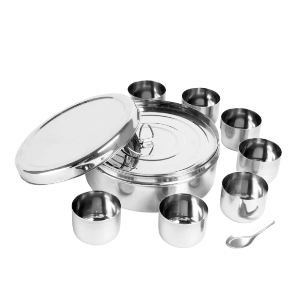 STAINLESS STEEL SPICE CONTAINER MADE FROM 100% STEEL MASALA DABBA - REGULAR ( size variation : 16cm,18cm,20cm,22cm)