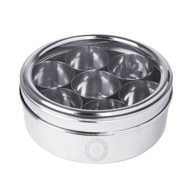 STAINLESS STEEL SPICE CONTAINER MADE FROM 100% STEEL MASALA DABBA - SEE THROUGH ( size variation : 16cm,18cm,20cm,22cm )