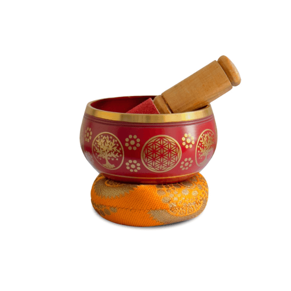 Tibetan Singing Bowl Set 4.5" inch with Holy Buddhist Mantra and Sacred Symbol from Nepal~ Antique design suitable for Yoga, Meditation, Sound Healing & Chakra Balancing - Red
