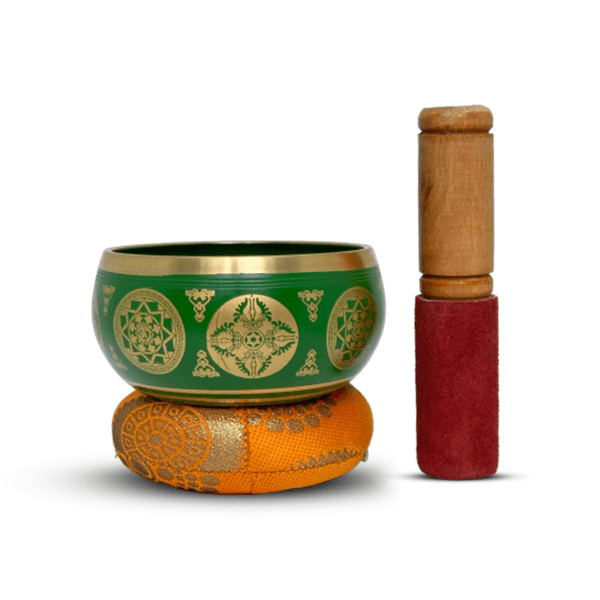 Tibetan Singing Bowl Set 5.5" inch with Holy Buddhist Mantra and Sacred Symbol from Nepal~ Antique design suitable for Yoga, Meditation, Sound Healing & Chakra Balancing - Green