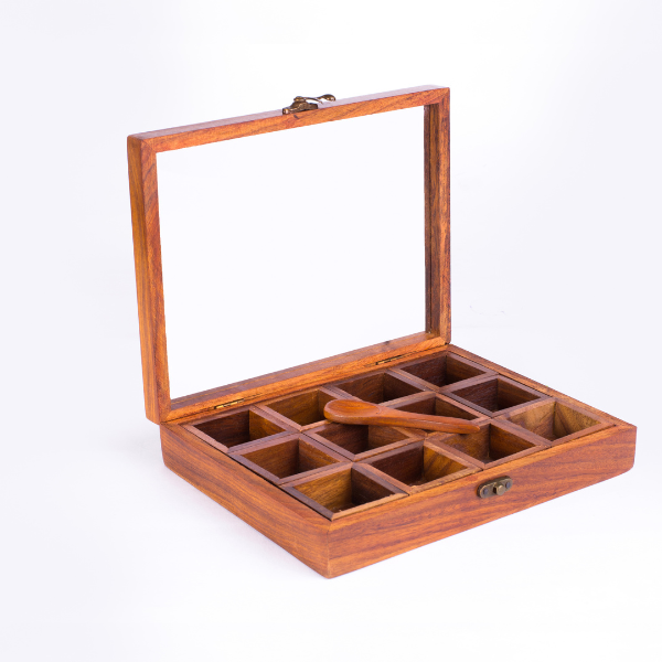 WOODEN SPICE CONTAINER MADE FROM 100% SHEESHAM WOOD WITH WOODEN SPOON - RECTANGLE 12 COMPARTMENTS