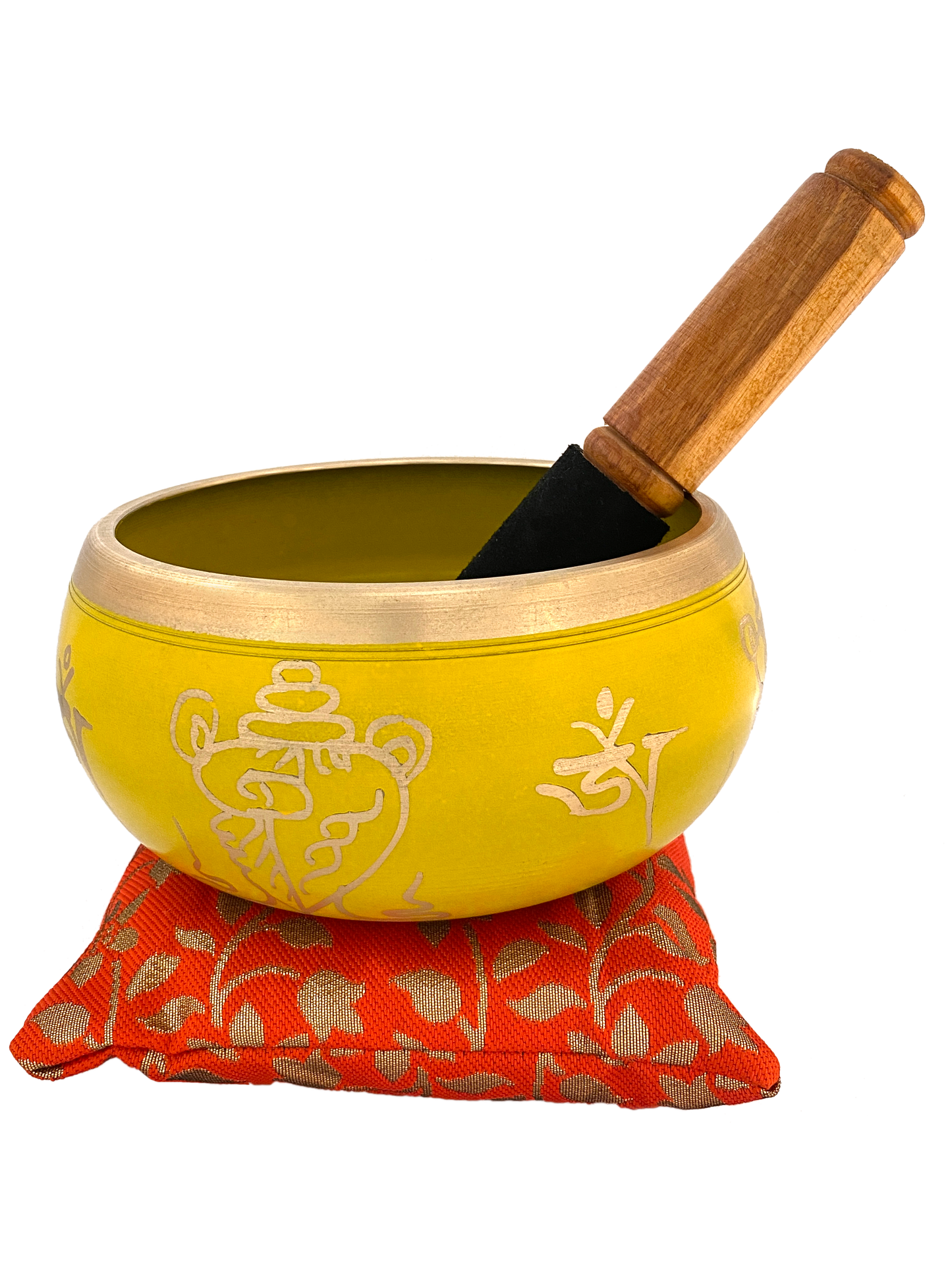 Tibetan Singing Bowl Set 5.5" inch with Holy Buddhist Mantra and Sacred Symbol from Nepal~ Antique design suitable for Yoga, Meditation, Sound Healing & Chakra Balancing - Yellow