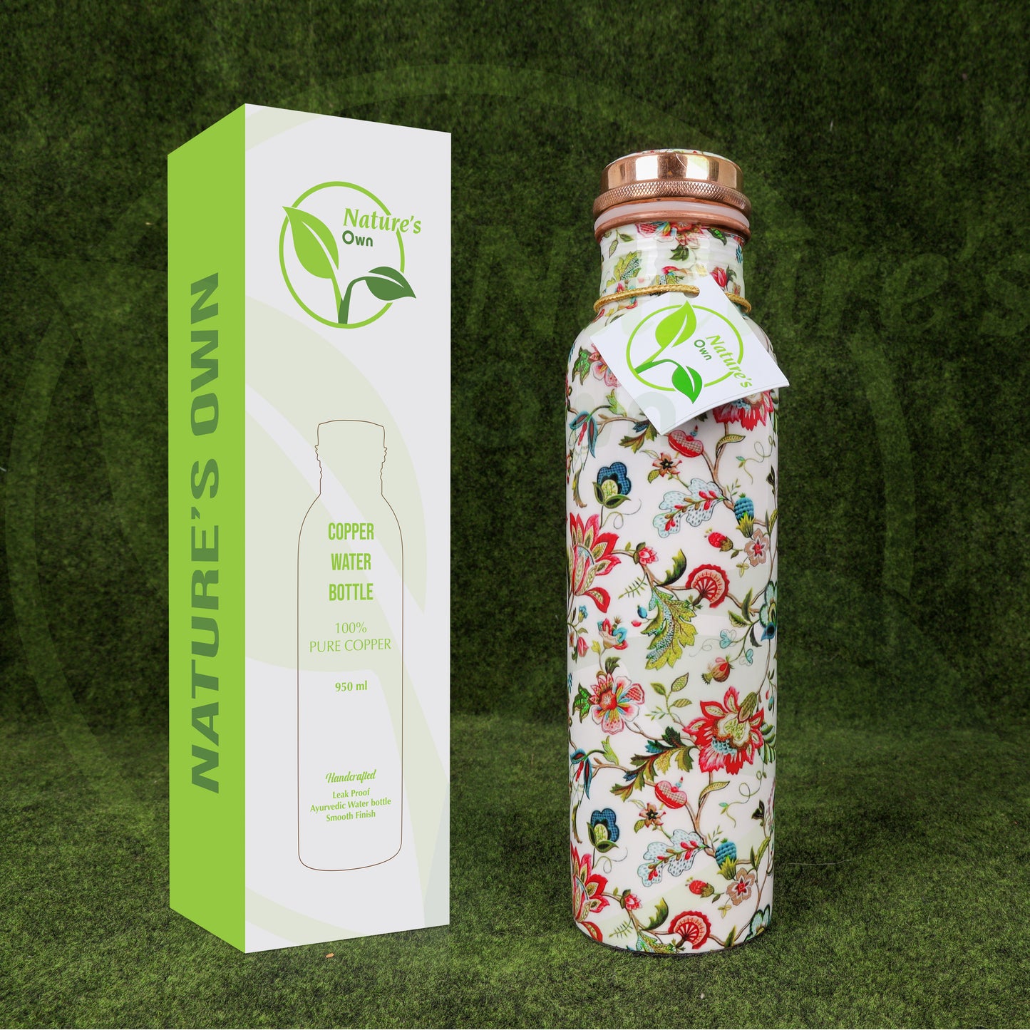 Nature’s Own Copper Water Bottle – 34 Oz Extra Large – Ayurvedic Pure Copper Water Bottle For Drinking – Drink More Water – Leak Proof – Jointless Water Bottle - Multicolor Floral Design