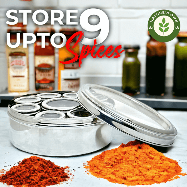 STAINLESS STEEL SPICE CONTAINER MADE FROM 100% STEEL MASALA DABBA - 9 DABBI