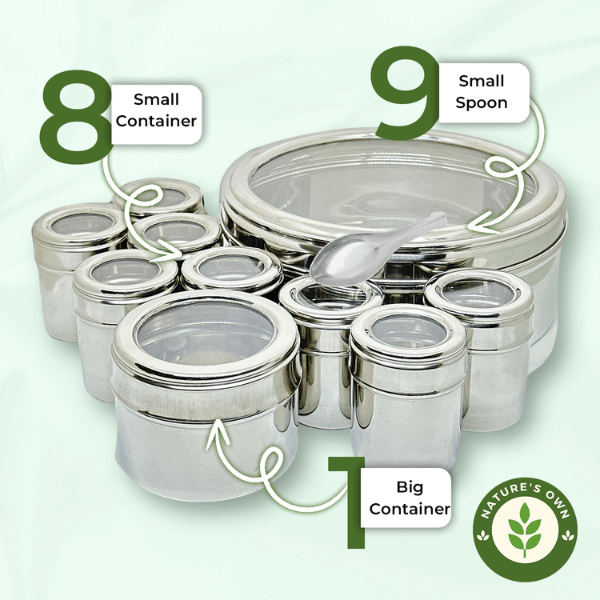 STAINLESS STEEL SPICE CONTAINER MADE FROM 100% STEEL MASALA DABBA - 9 DABBI