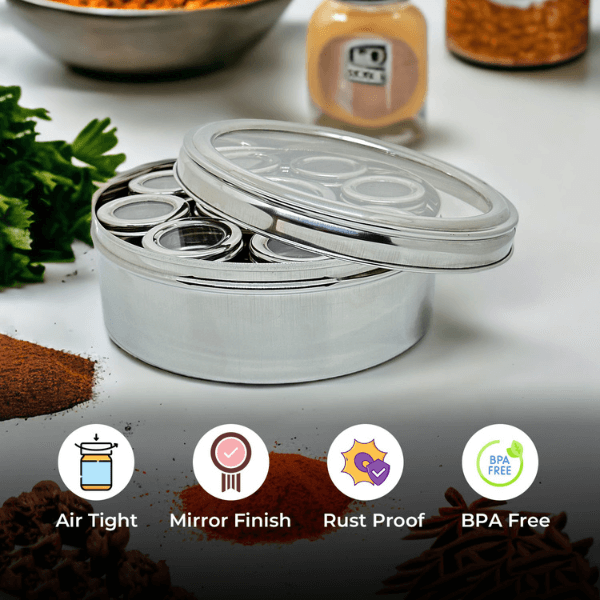 STAINLESS STEEL SPICE CONTAINER MADE FROM 100% STEEL MASALA DABBA - 9 DABBI