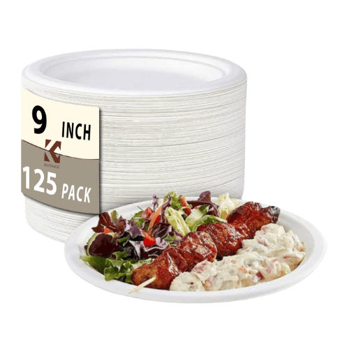 BAGASSE COMPOSTABLE DISPOSABLE PLATES MADE FROM 100% SUGAR FIBER - 9" - PACK OF 125