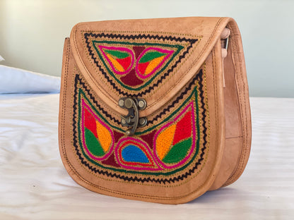 Nature's Own Genuine Leather Cross Body Bags with Hand Embroidery Work & Metal Buckle - Design No. NL102