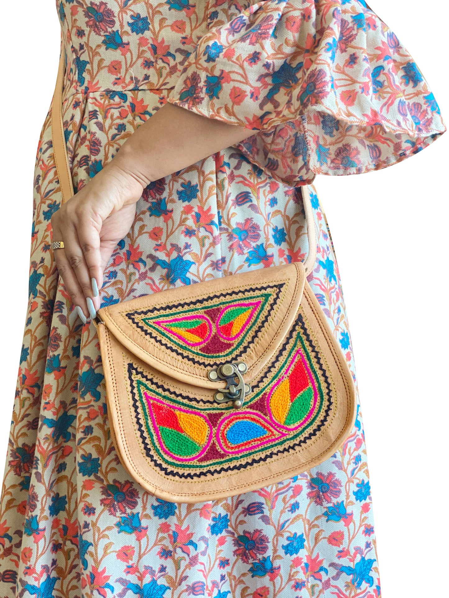 Nature's Own Genuine Leather Cross Body Bags with Hand Embroidery Work & Metal Buckle - Design No. NL102