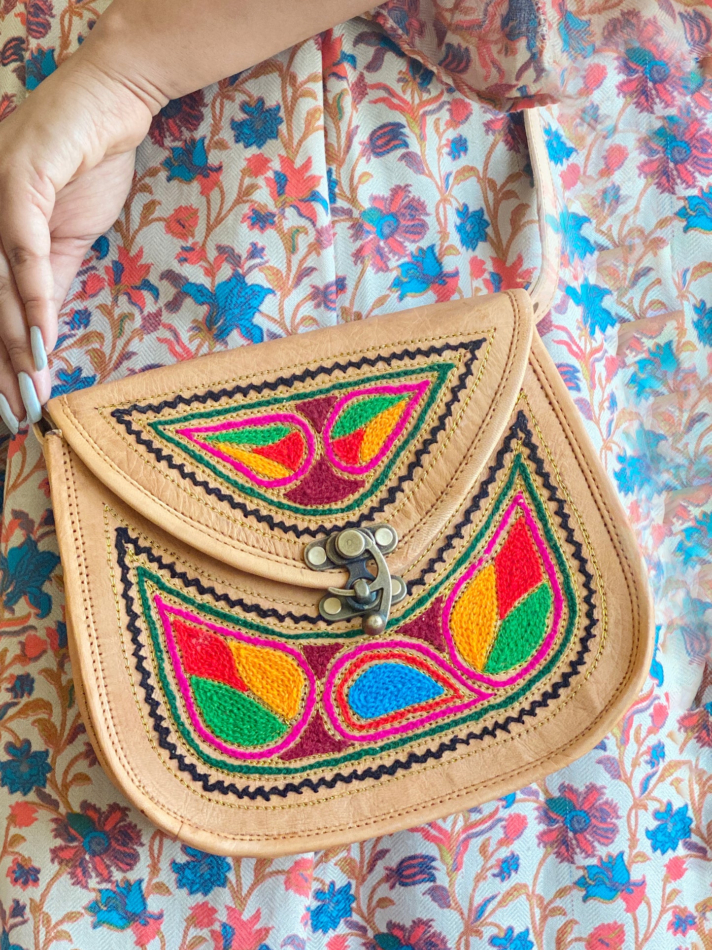 Nature's Own Genuine Leather Cross Body Bags with Hand Embroidery Work & Metal Buckle - Design No. NL102