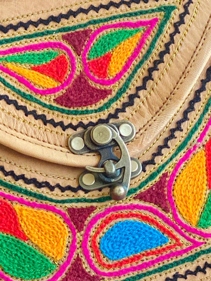 Nature's Own Genuine Leather Cross Body Bags with Hand Embroidery Work & Metal Buckle - Design No. NL102