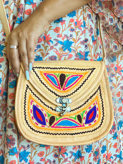 Nature's Own Genuine Leather Cross Body Bags with Hand Embroidery Work & Metal Buckle - Design No. NL103