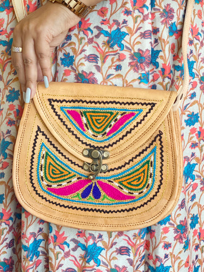 Nature's Own Genuine Leather Cross Body Bags with Hand Embroidery Work & Metal Buckle - Design No. NL105