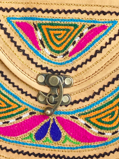 Nature's Own Genuine Leather Cross Body Bags with Hand Embroidery Work & Metal Buckle - Design No. NL105