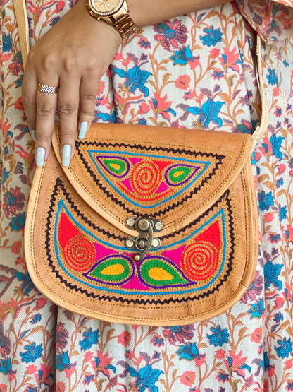 Nature's Own Genuine Leather Cross Body Bags with Hand Embroidery Work & Metal Buckle - Design No. NL106