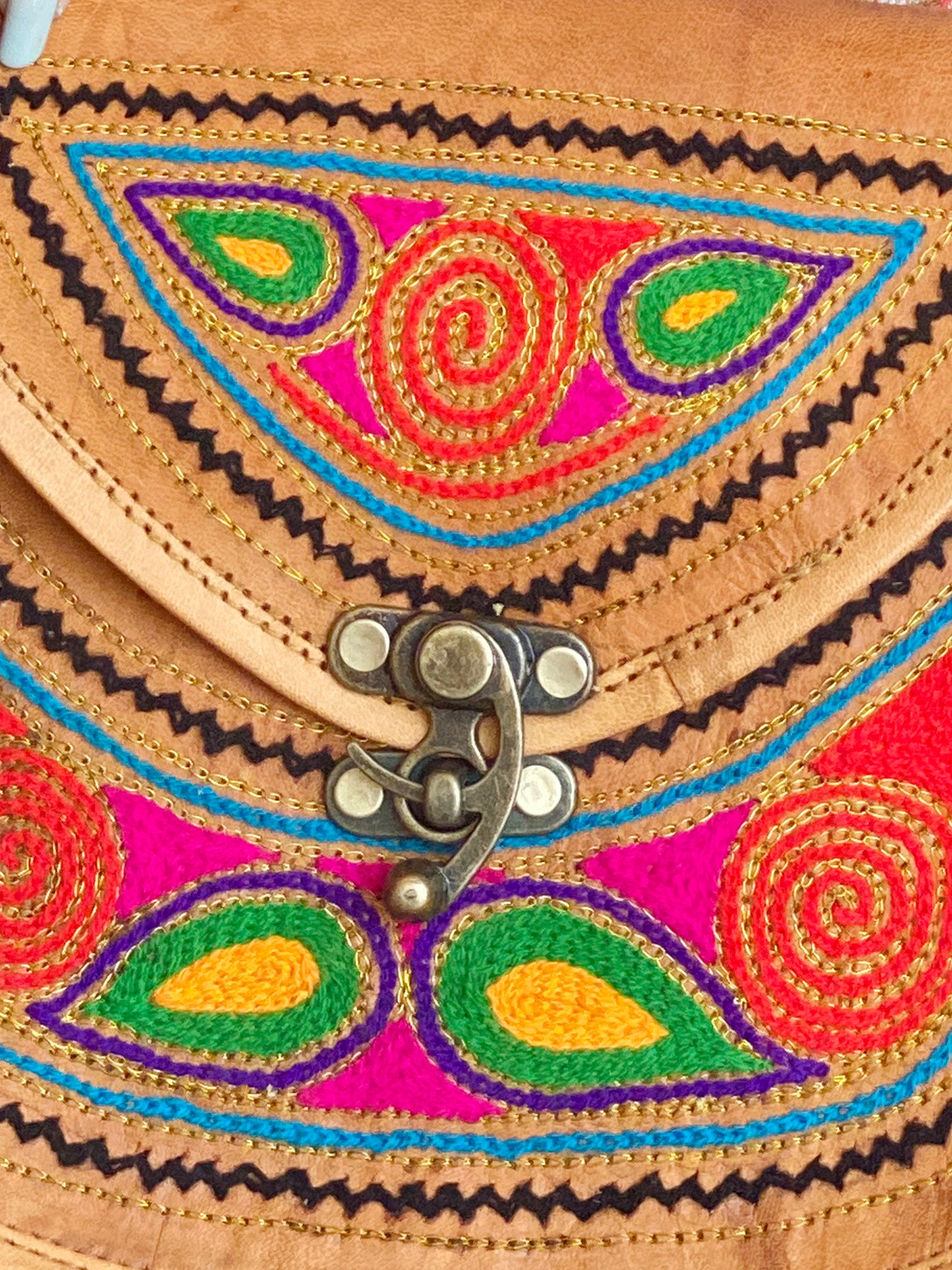 Nature's Own Genuine Leather Cross Body Bags with Hand Embroidery Work & Metal Buckle - Design No. NL106