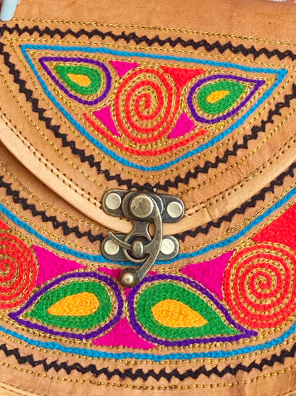 Nature's Own Genuine Leather Cross Body Bags with Hand Embroidery Work & Metal Buckle - Design No. NL106