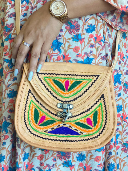 Nature's Own Genuine Leather Cross Body Bags with Hand Embroidery Work & Metal Buckle - Design No. NL108