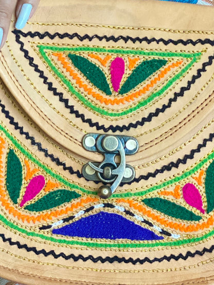 Nature's Own Genuine Leather Cross Body Bags with Hand Embroidery Work & Metal Buckle - Design No. NL108