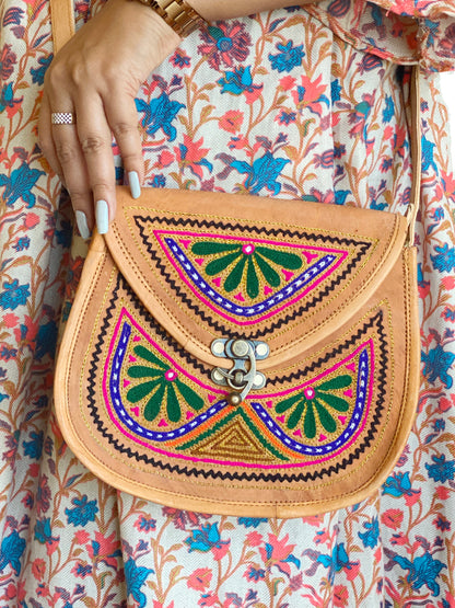 Nature's Own Genuine Leather Cross Body Bags with Hand Embroidery Work & Metal Buckle - Design No. NL109