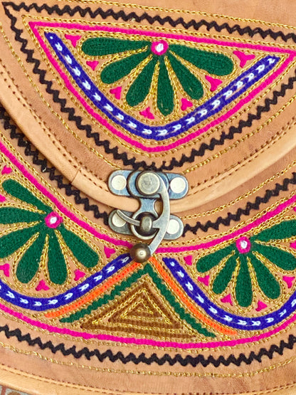 Nature's Own Genuine Leather Cross Body Bags with Hand Embroidery Work & Metal Buckle - Design No. NL109