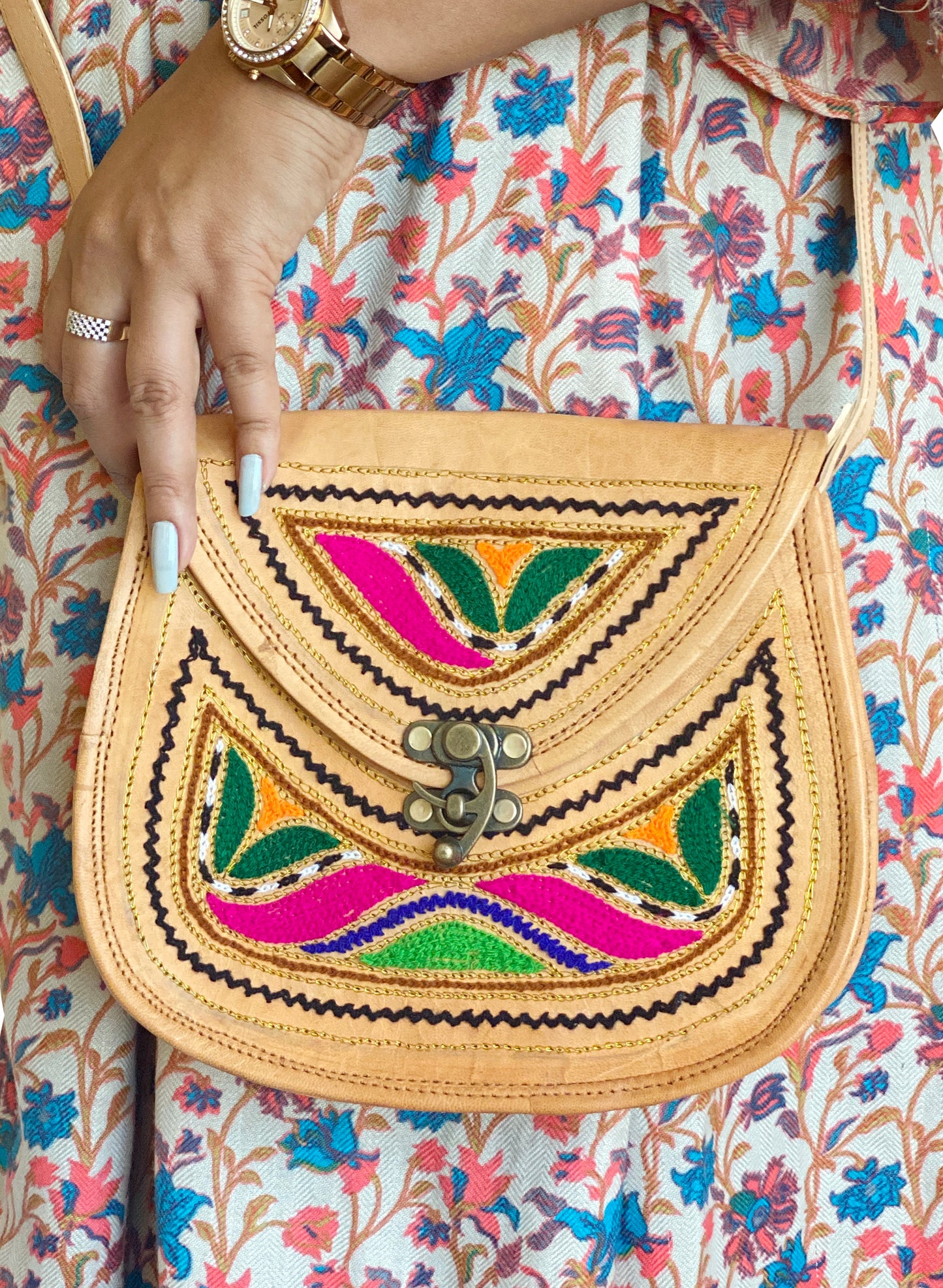 Nature's Own Genuine Leather Cross Body Bags with Hand Embroidery Work & Metal Buckle - Design No. NL110