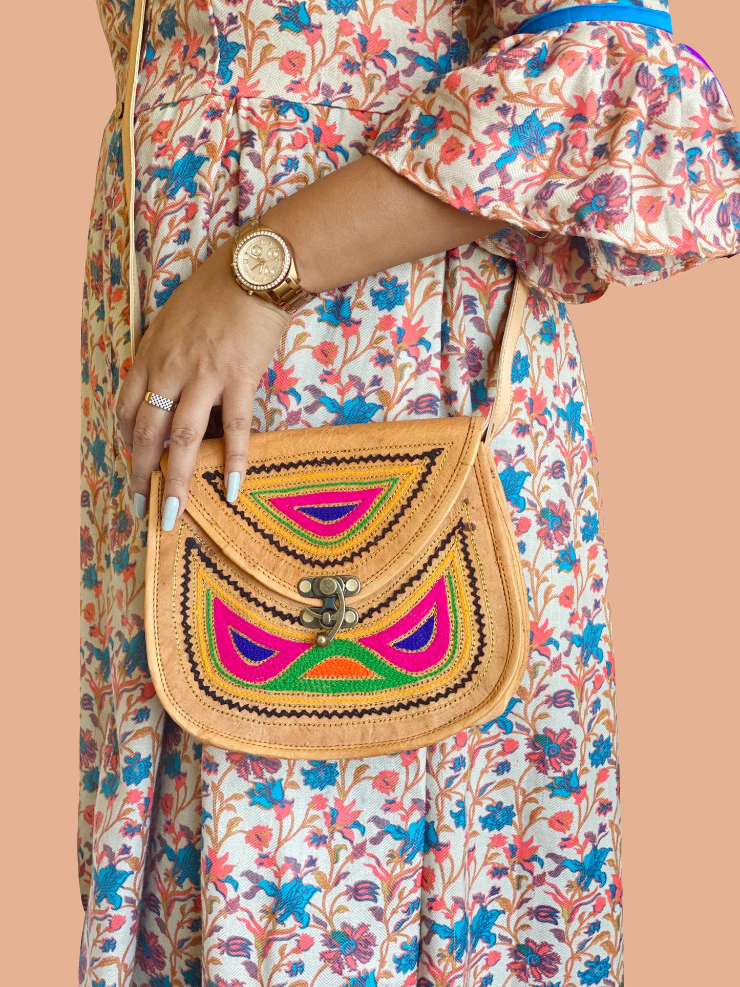 Nature's Own Genuine Leather Cross Body Bags with Hand Embroidery Work & Metal Buckle - Design No. NL111