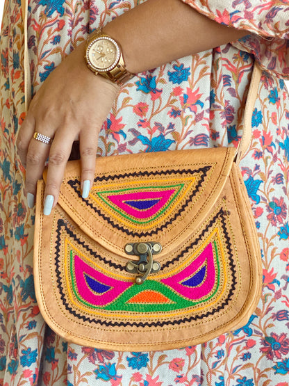 Nature's Own Genuine Leather Cross Body Bags with Hand Embroidery Work & Metal Buckle - Design No. NL111