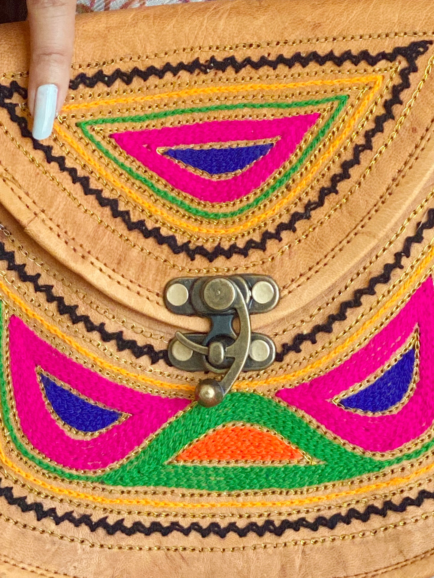 Nature's Own Genuine Leather Cross Body Bags with Hand Embroidery Work & Metal Buckle - Design No. NL111