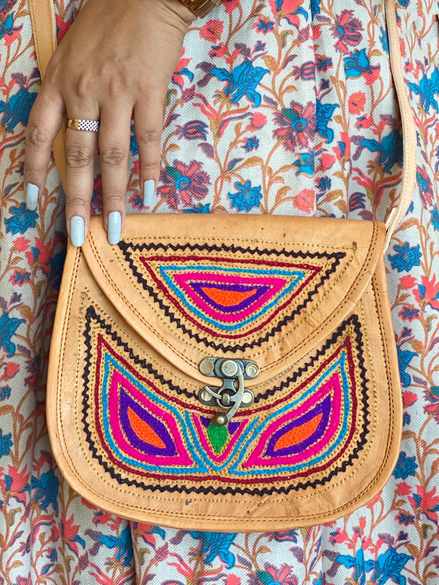 Nature's Own Genuine Leather Cross Body Bags with Hand Embroidery Work & Metal Buckle - Design No. NL112