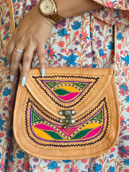 Nature's Own Genuine Leather Cross Body Bags with Hand Embroidery Work & Metal Buckle - Design No. NL113
