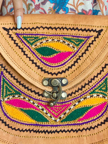 Nature's Own Genuine Leather Cross Body Bags with Hand Embroidery Work & Metal Buckle - Design No. NL113