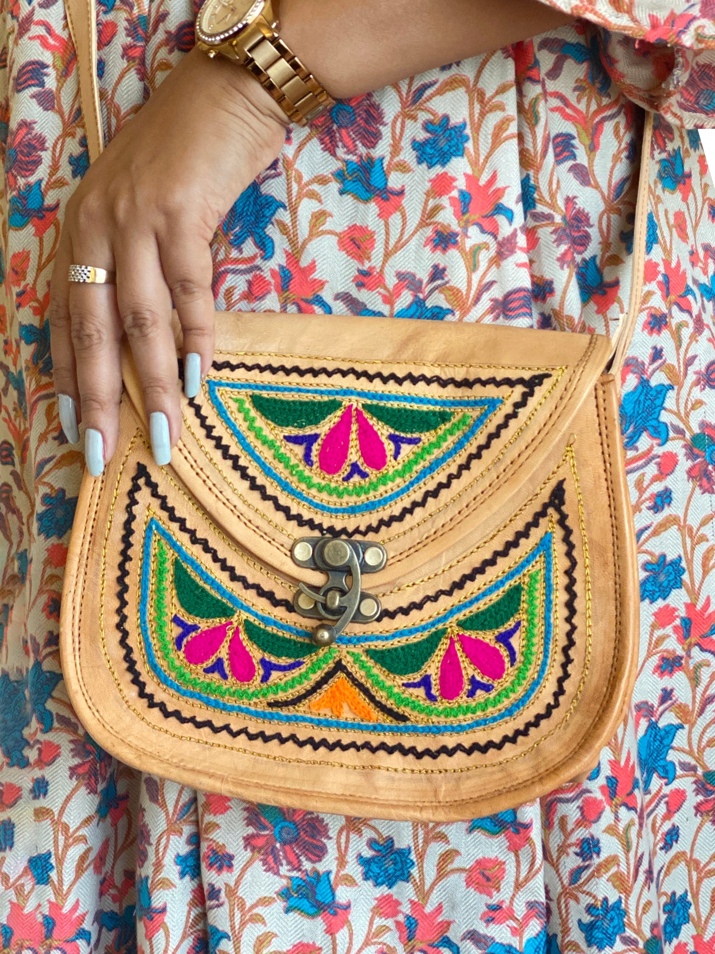 Nature's Own Genuine Leather Cross Body Bags with Hand Embroidery Work & Metal Buckle - Design No. NL114