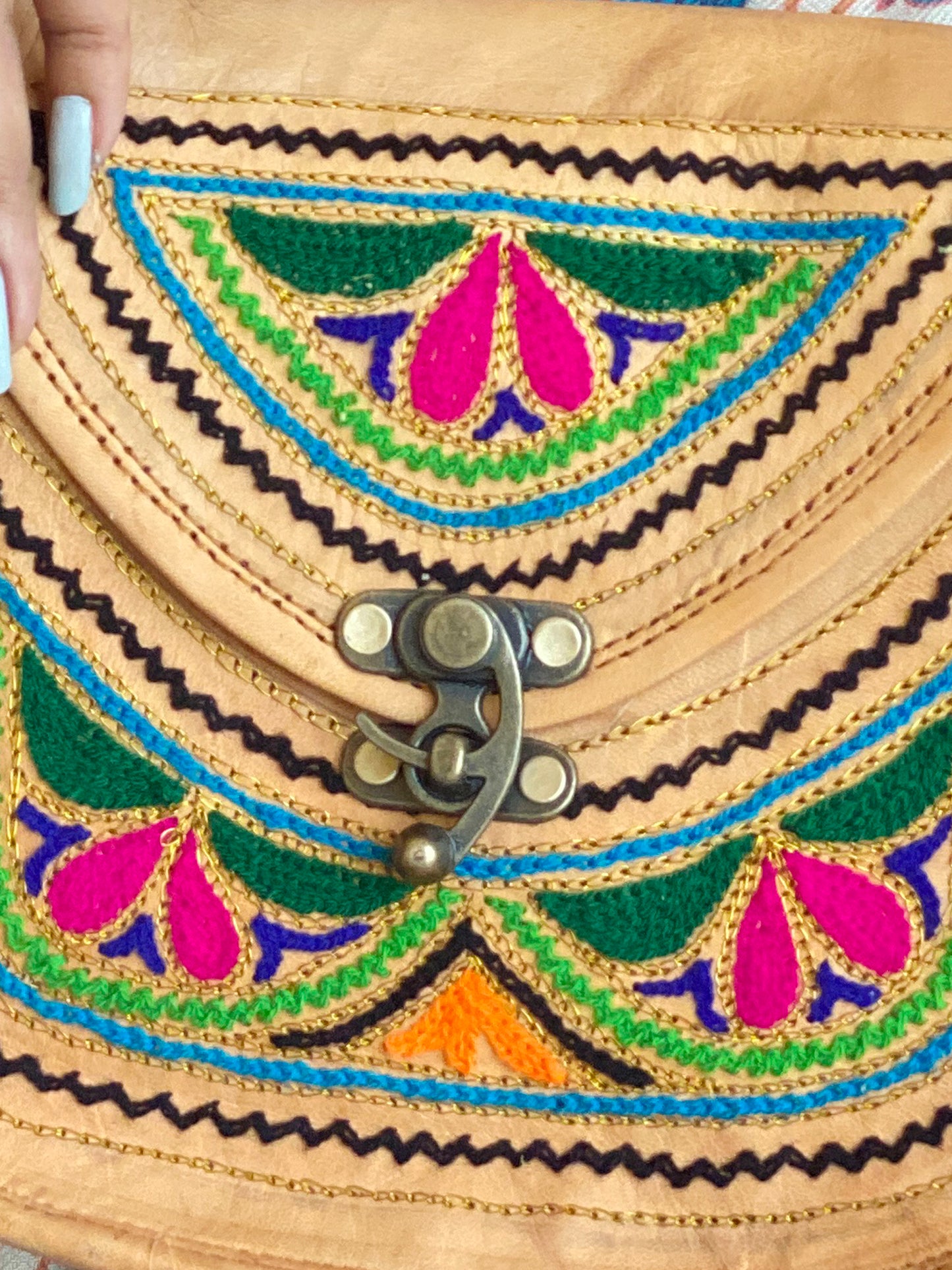 Nature's Own Genuine Leather Cross Body Bags with Hand Embroidery Work & Metal Buckle - Design No. NL114