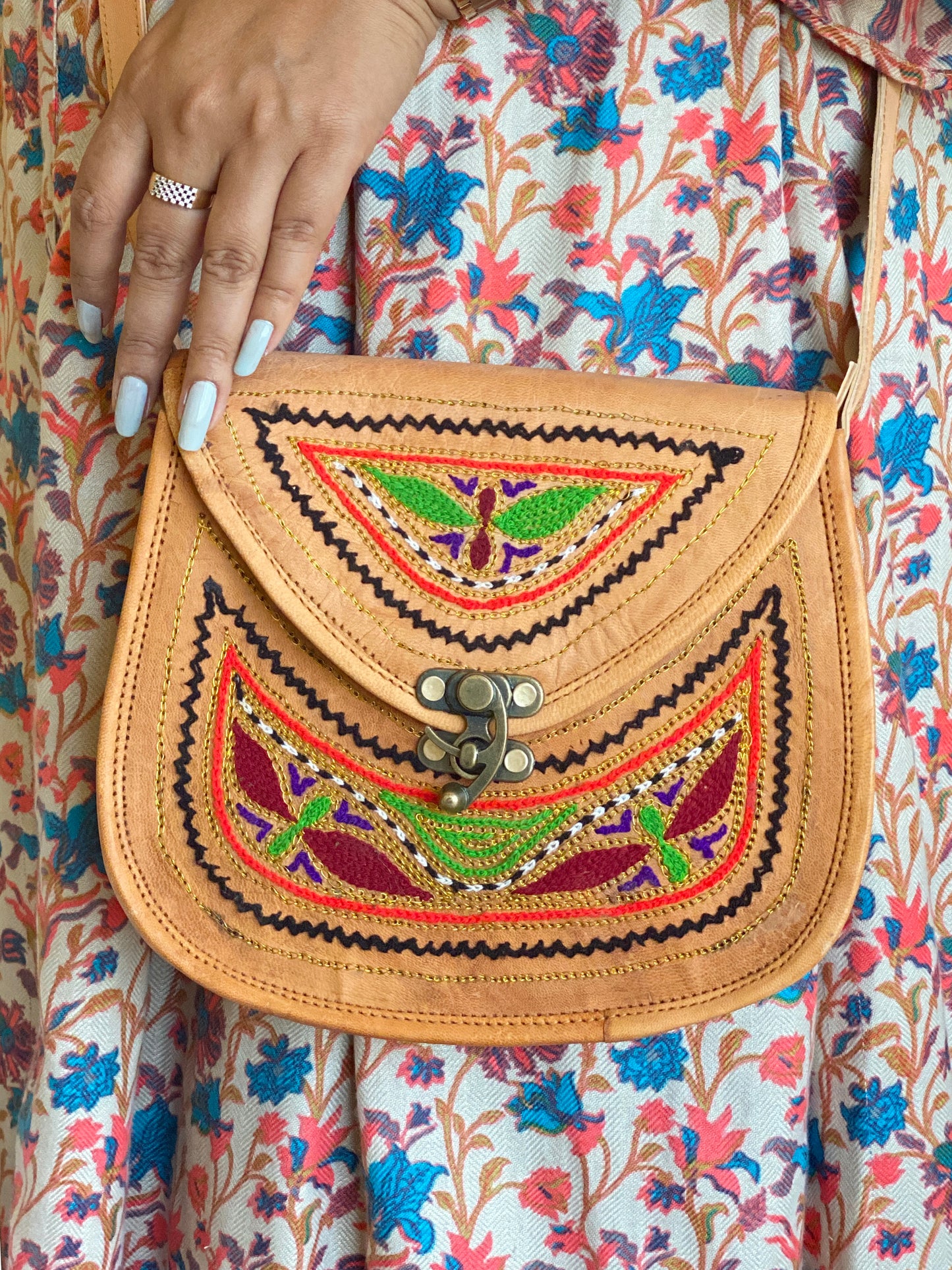 Nature's Own Genuine Leather Cross Body Bags with Hand Embroidery Work & Metal Buckle - Design No. NL116
