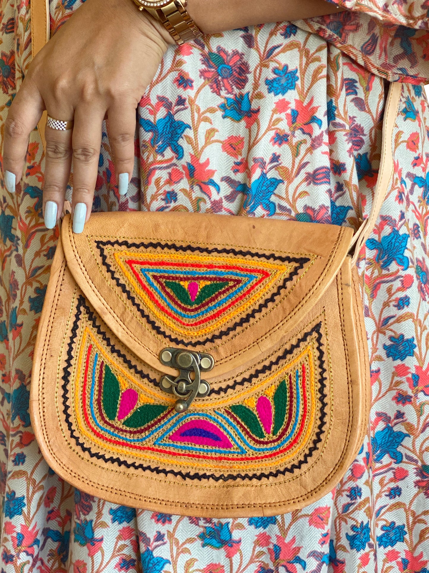 Nature's Own Genuine Leather Cross Body Bags with Hand Embroidery Work & Metal Buckle - Design No. NL117