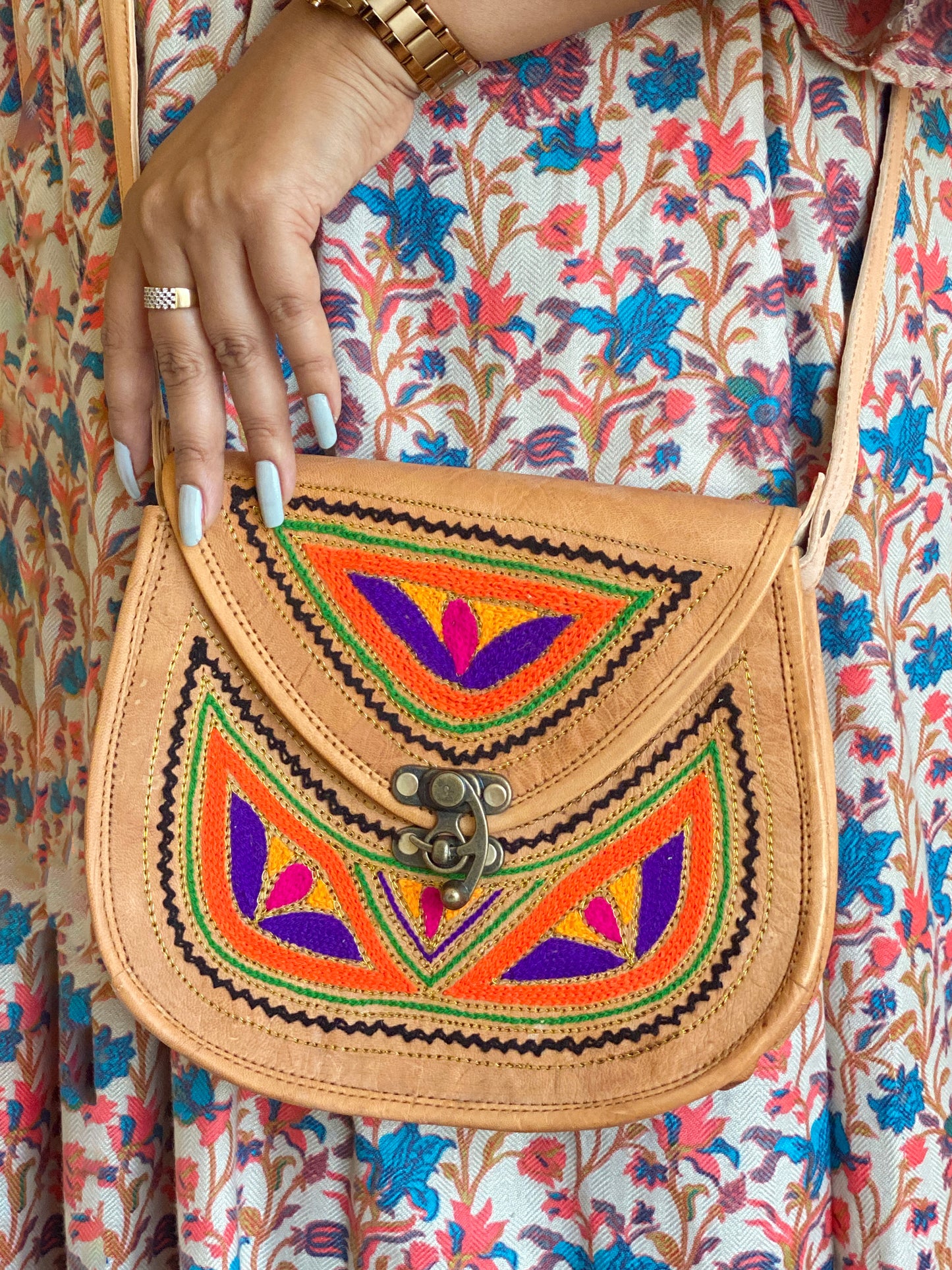 Nature's Own Genuine Leather Cross Body Bags with Hand Embroidery Work & Metal Buckle - Design No. NL119