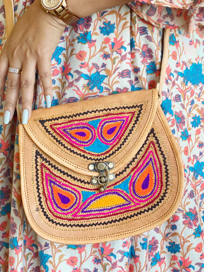 Nature's Own Genuine Leather Cross Body Bags with Hand Embroidery Work & Metal Buckle - Design No. NL121